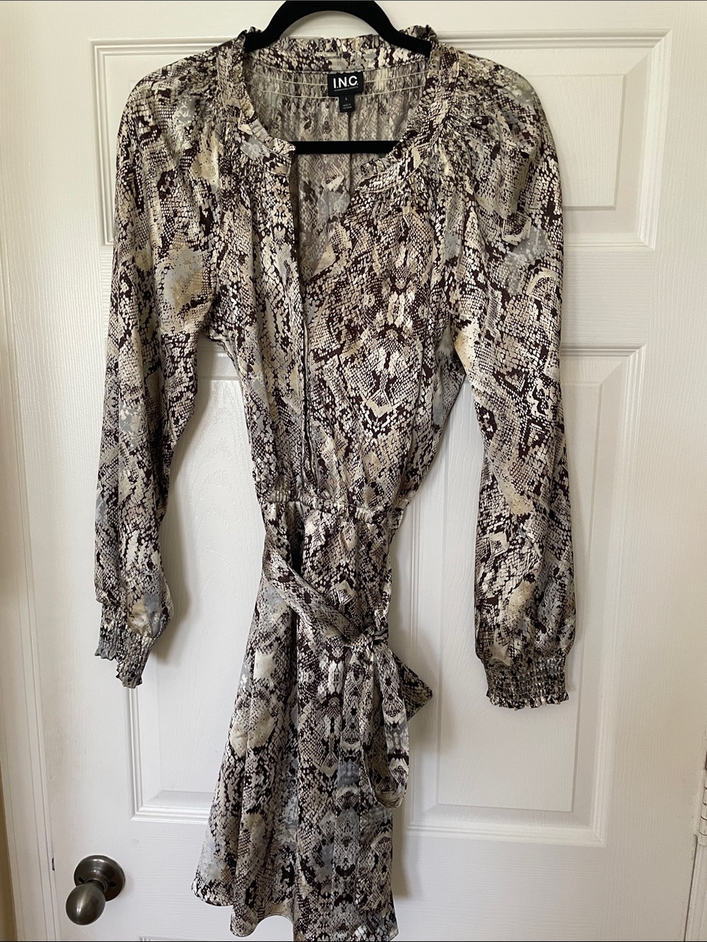 INC International Concepts Beige and Black Snakeskin Tie Dress